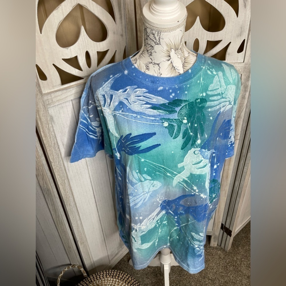 Vintage Fish Tshirt Shirt Medium Blue Green Nautical Tropical Single Stitch